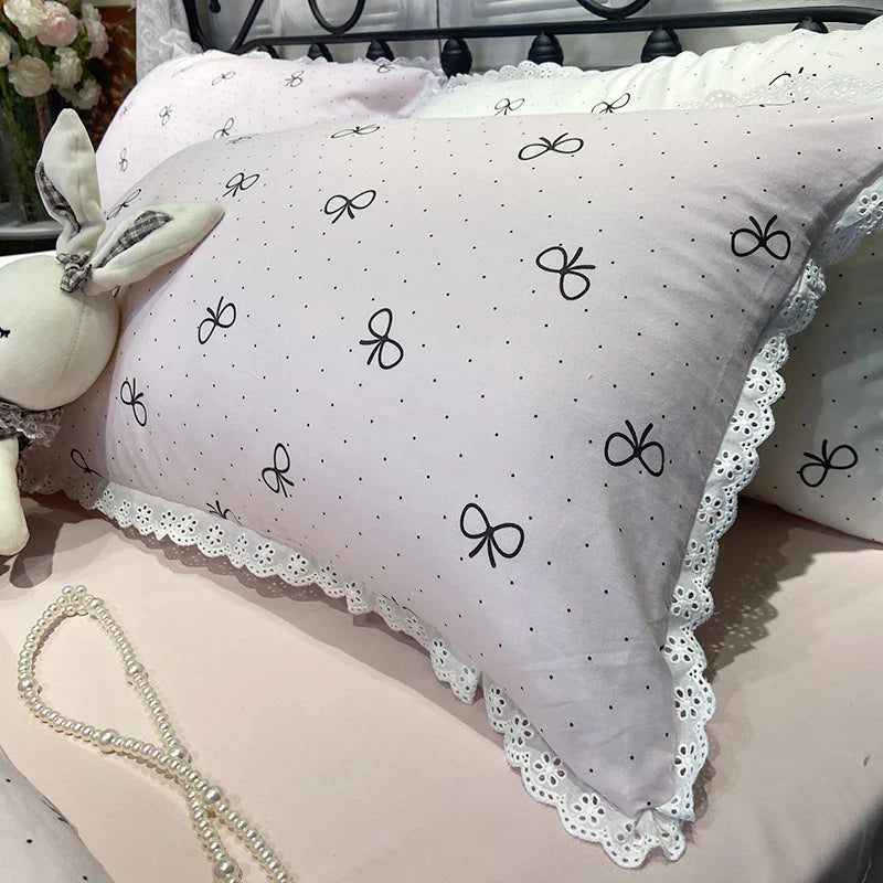 2025 Princess Bedding Set Lace Bow Simple Fresh Duvet Cover Flat Fitted Sheet Pillowcases Home Textile For Women Girl Queen Size