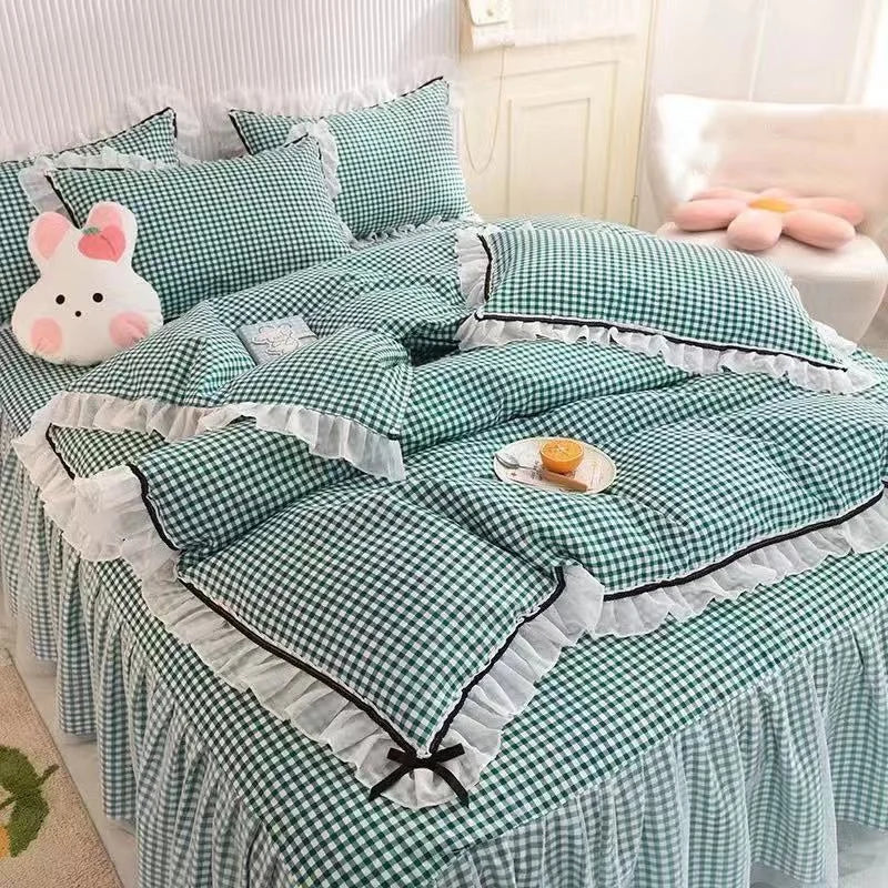 Checkered Bedding Set Bed Skirt Ruffle Lace Princess Style Girls Duvet Cover Simple Solid Color Home Textiles Decor Bedroom