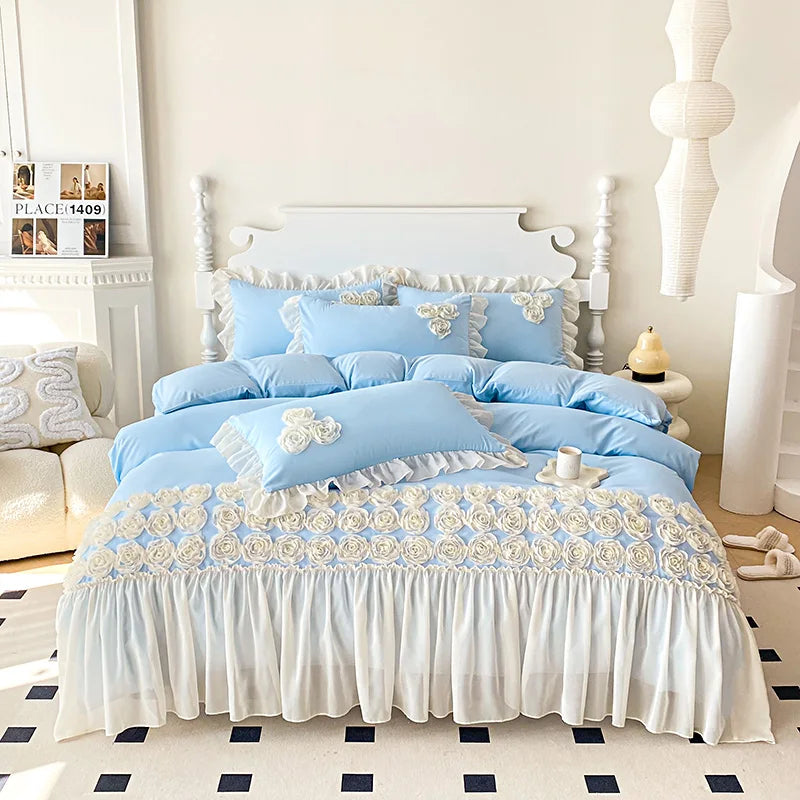 3Pcs Pink Skin-friendly Soft Three-dimensional Flowers Embroidery Lace Ruffles Princess Bedding Set Duvet Cover With Pillowcases