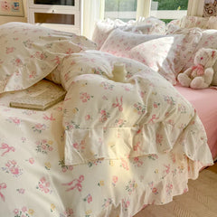 INS Floral Style Bedding Sets Ruffle Lace Bow Quilt Cover Romantic Bedclothes Decor Woman Girls Bedroom Duvet Cover 4pcs