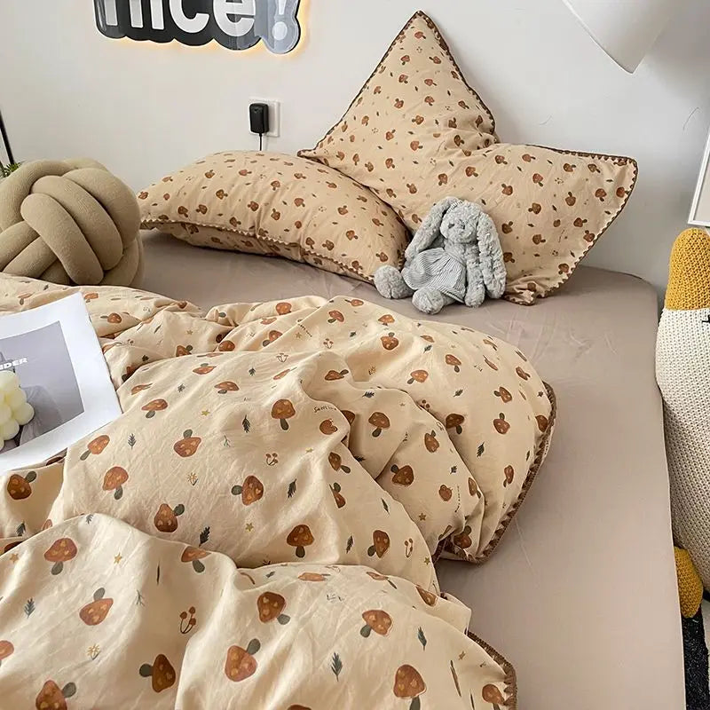 Bedding Set Double Layered Yarn INS Girls Mushroom Soft Washed Cotton Bed Sheet Queen King Size Duvet Set Pillowcase Bed Sheet