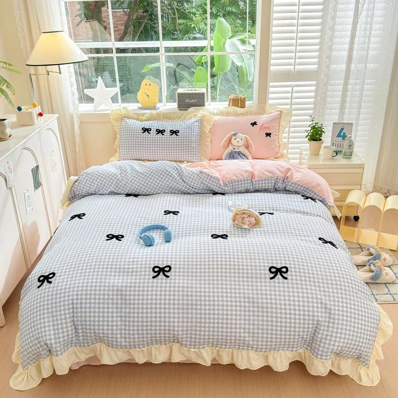 Classic Plaid Duvet Cover, Soft Lace Bedding Set, Bow Design Skin-friendly Quilt Cover, 2 Pillowcases with Different Patterns