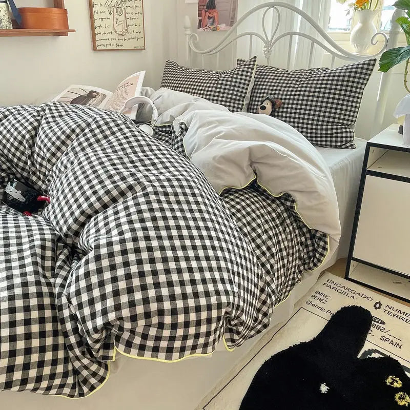 Simple Striped Bedding Set Washed Cotton Duvet Cover Sheet Pillowcase Queen King Size Boys Adults Bed Linens