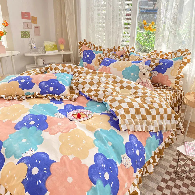 Pink Korean Princess Bedding Set No Filling Cute Strawberry Duvet Cover Checkerboard Single Queen Size Bed Linen Pillowcases