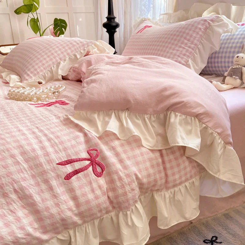 2025 Princess Bedding Set Lace Bow Pink Plaid 4pcs Bedding for Spring Quilt Cover Sheet And Pillowcase Soft Romantic For Girls