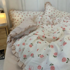 French Style Bedding Set Pastoral Colored Grape Double-layer Gauze  Light Purple Washing Cotton Duvet Cover Bed Sheet Comforter