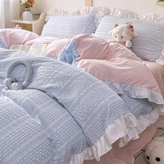 Ins Princess Style Bedding Sets Ruffle Blue Pink Girls Quilt Cover Romantic Bed Sheet Set Duvet Cover With Pillowcases 4pcs