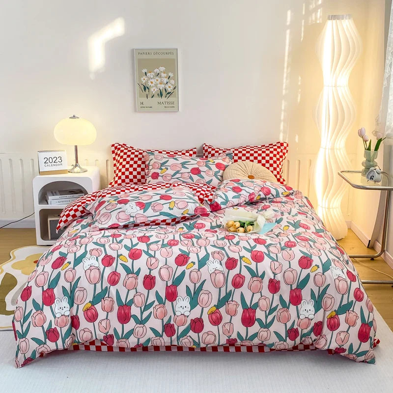Cartoon Print Home Bedding Set Simple Fresh Comfortable Duvet Cover Set with Sheet Comforter Covers Pillowcases Bed Linen