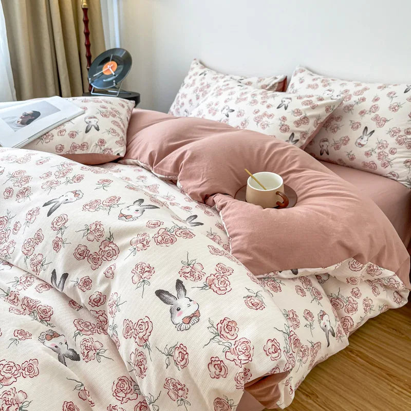 Vintage Floral Style Bedding Set No Filler Soft Fall Winter Thickening Duvet Cover Flat Sheet Pillowcase Full King Bed Linen