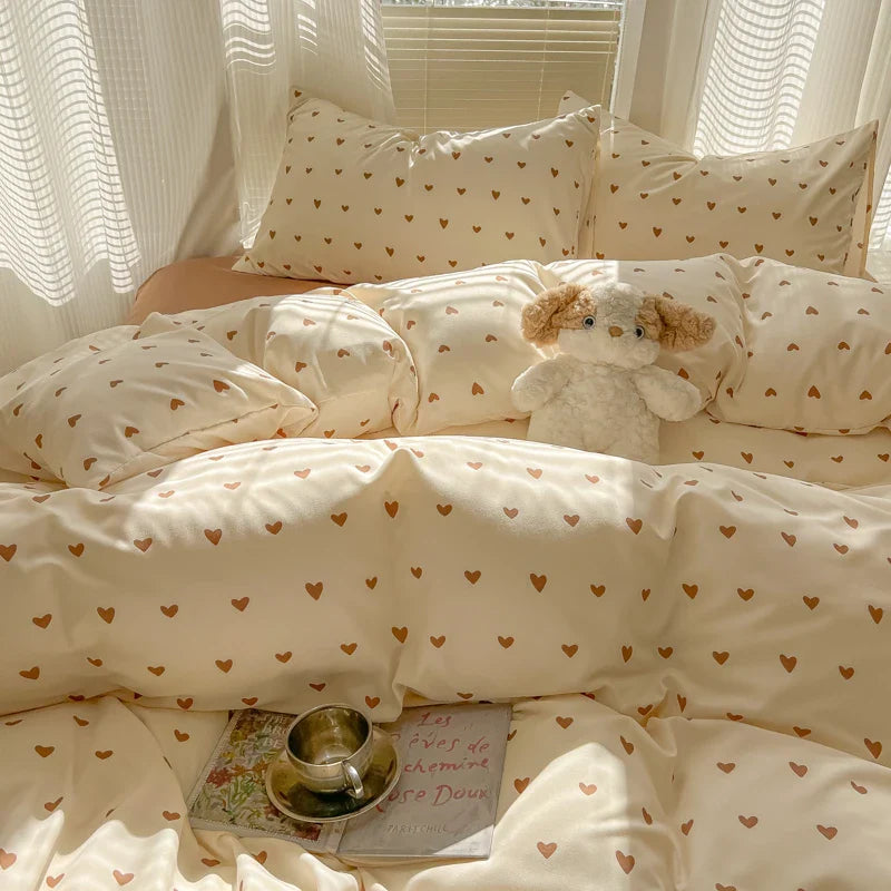 Duvet Set Double Yarn Four-piece Set Class A Aerobic Knitted Cotton Printed Love Bed Cover Skin Friendly Breathable Bedding