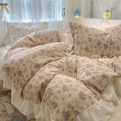 Bedding Set Korean Style New  Small Floral Water Washed Cotton Lace Duvet Cover Set Queen Size