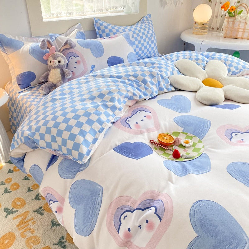 Boys Girls Bedding Set Fashion Adult Children Bed Linen Duvet Quilt Cover Pillowcase Cute Cartoon Bear Polyester Flat Sheets