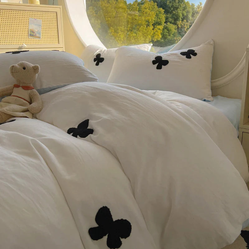 3pcs Duvet cover set (1*Duvet Cover + 2*Pillowcase, Without Core), Butterfly knot yarn embroidery Bedding Set, Soft Comfortable