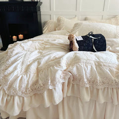 Vintage French Style Lace Ruffles Carved Velvet Wedding Bedding Set Duvet Cover Set Bed Sheet Fitted Sheet Bed Skirt Pillowcases