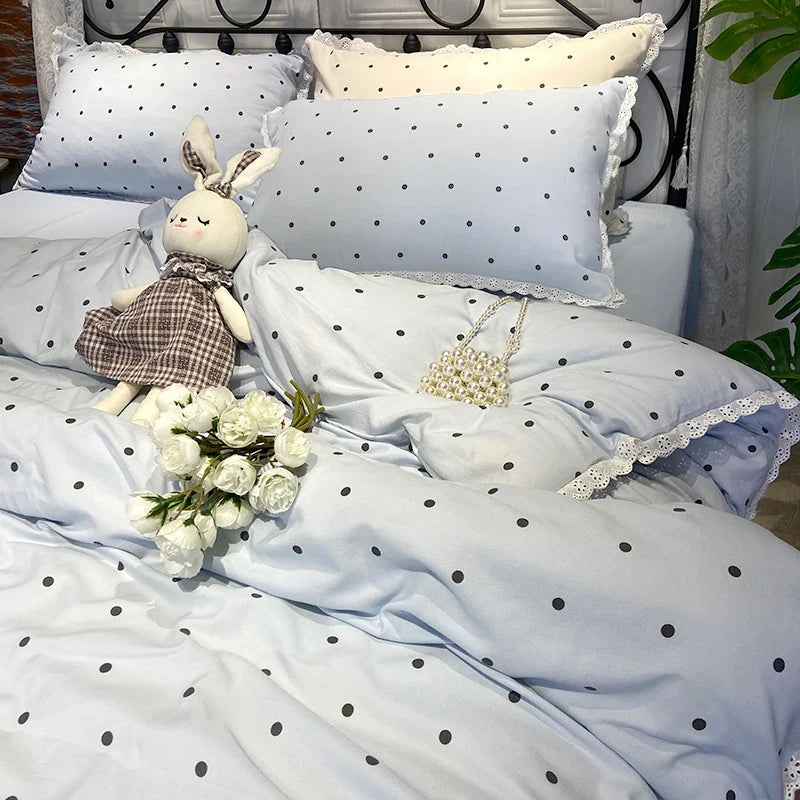 Ins Polka Dots Bedding Set Simple Print Duvet Cover Set With Pillowcases Flat Fitted Sheet Washed Cotton Skin Friendly For Adult