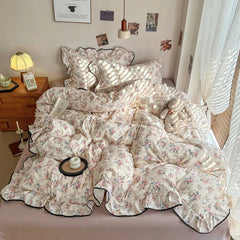 Korean Style Floral Ruffles Knitted Double Yarn Bedding Set Double King Queen Size Duvet Cover Flat/Fitted Bed Sheet Pillowcases