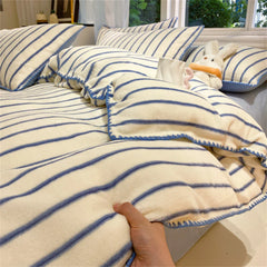 Stripe Milk Velvet Bedding Set Queen Thickened Duvet Cover Set Bedroom Decor Winter 4 Piece Set Quilt Cover Pillowcase Bed Sheet
