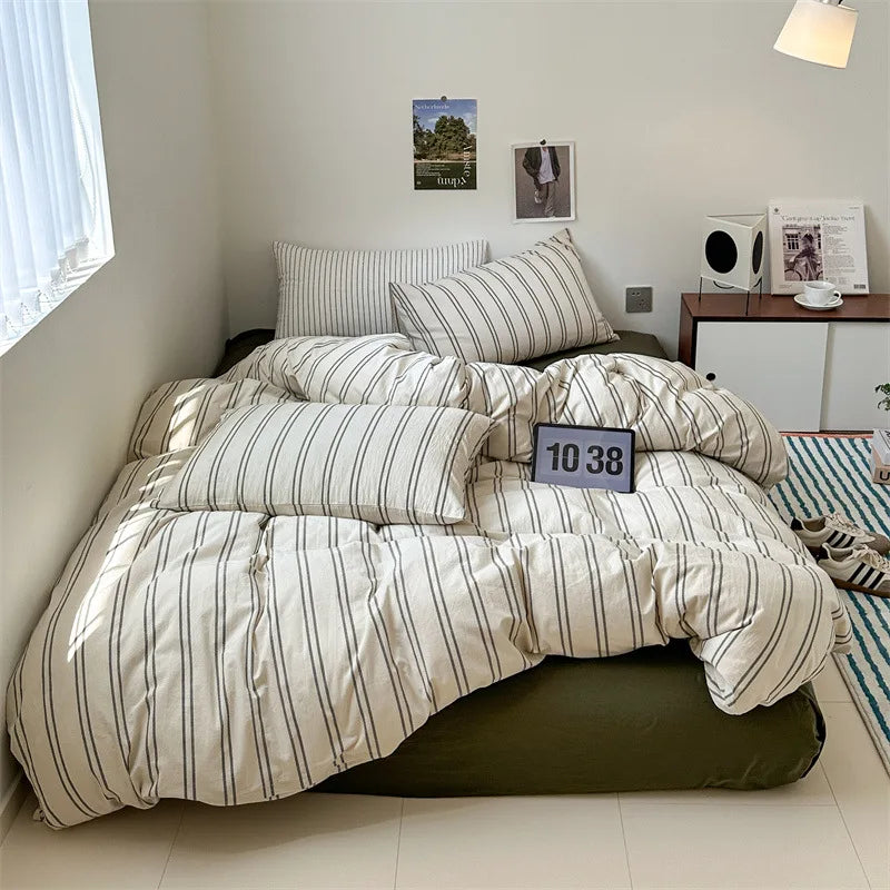 Cotton Japanese Duvet Cover Fitted Flat Sheet Pillowcase Set No Filling Single Double King Size Ins Style Bedding Kit