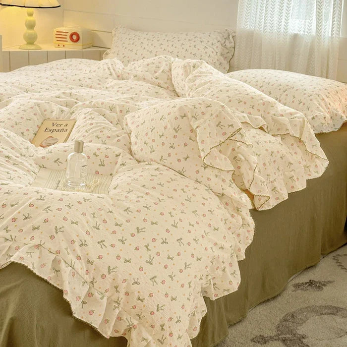 2025 Princess Style Bedding Sets Ruffle Lace Bow Quilt Cover Romantic Bedclothes Decor Woman Girls Bedroom Duvet Cover 4pcs