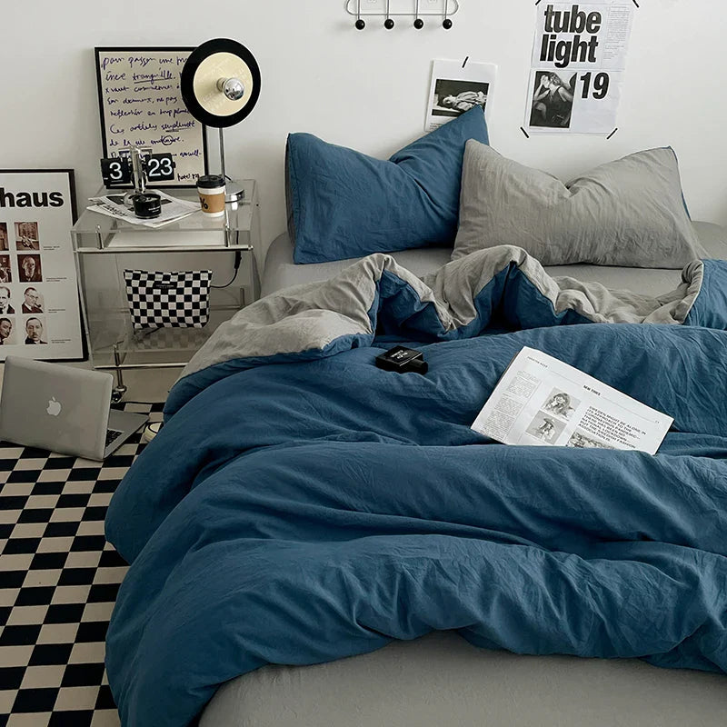 Beige Pink Bedding Set Solid 3/4pcs Home Linens Luxury Duvet Cover Pillowcase Flat Sheet Wash Cotton Twin King BedRoom Decor