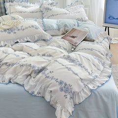 4pcs  Korean lace Duvet Cover Set (1*Duvet Cover +1 flat sheet + 2*Pillowcase, Without Core), Fresh Flower Print Bedding Set