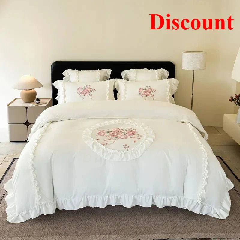 4Pcs Rose Flowers Embroidery Bedding Set Double King Queen Size Pink Girls Bedroom Duvet Cover Flat/Fitted Bed Sheet