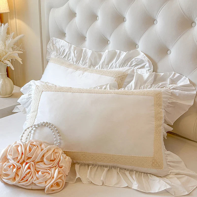 4/6Pcs Vintage French  Double Layer Ruffles Princess Wedding 100% Cotton Bedding Set Duvet Cover Bed Skirt Bedspread Pillowcases