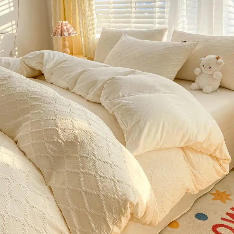 Argyle Jacquard Bedding Set Duvet Cover Pillowcases Flat Sheet Washed Cotton Solid Color Bed Linen Duvet Cover Set
