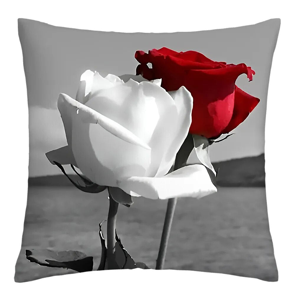 45x45cm Red Rose Flower Cushion Cover Home Wedding Decoration Sofa Bed Lumbar Pillowcase Polyester Red Rose Print Pillow Case