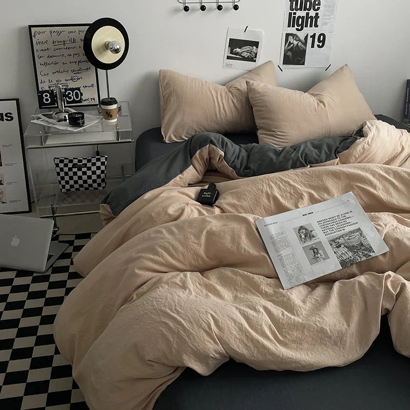 Beige Pink Bedding Set Solid 3/4pcs Home Linens Luxury Duvet Cover Pillowcase Flat Sheet Wash Cotton Twin King BedRoom Decor