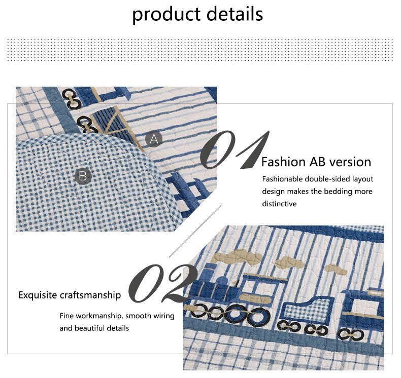 100% Cotton Small Train Kid's Quilt 3pcs Embroidered Quilted Quilt Pillowcase Free Shipping