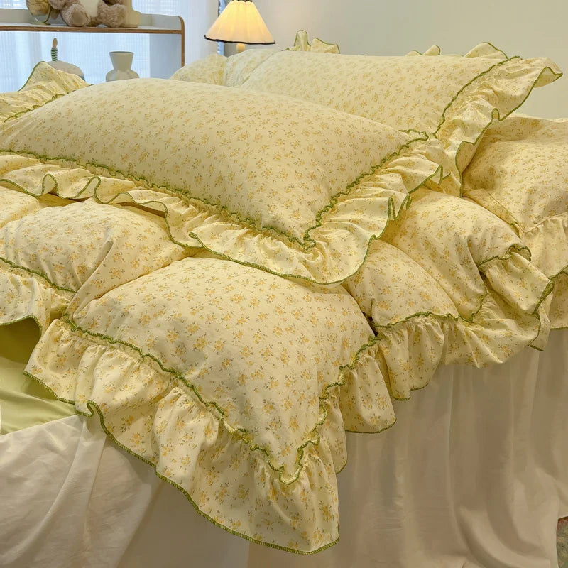2/3Pc Korean Princess Style Floral Ruffles Bedding Set Single Queen Size Soft Skin-friendly Washed Cotton Duvet Cover Pillowcase
