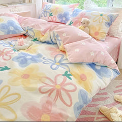INS Gradual Cream Pink Green Bedding Set Floral Duvet Cover Pillowcase Kawaii Bed Sheet Quilt Cover Single Queen King Size