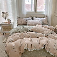 Korean Princess Style Ruffles Bedding Set Duvet Cover Set Flower Printing Quilt Cover Bed Sheet Or Fitted Sheet With Pillowcases