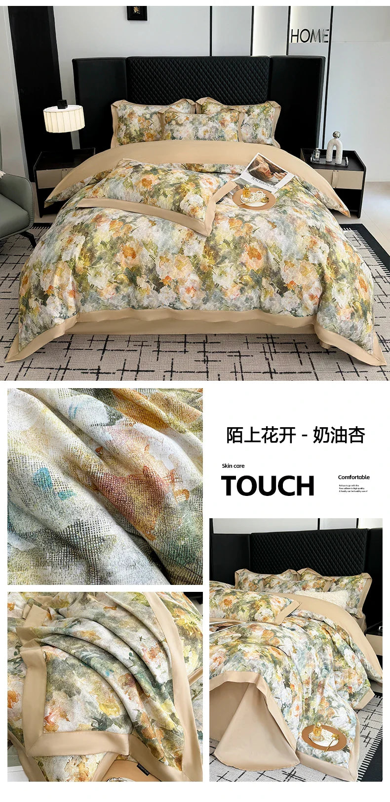 4pcs Floral Print Egyptian 100% Cotton Bedding Set Queen King Comforter Duvet Cover Flat/Fitted Bed Sheet Pillowcases 48x74cm
