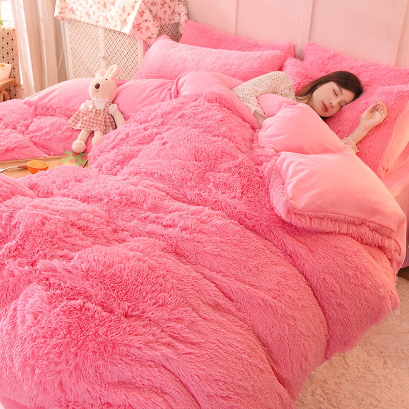 4pcs Autumn and Winter Warm and Thick Solid Color King Size Bedding Set Sheet Quilt Cover Pillowcase 220x240cm