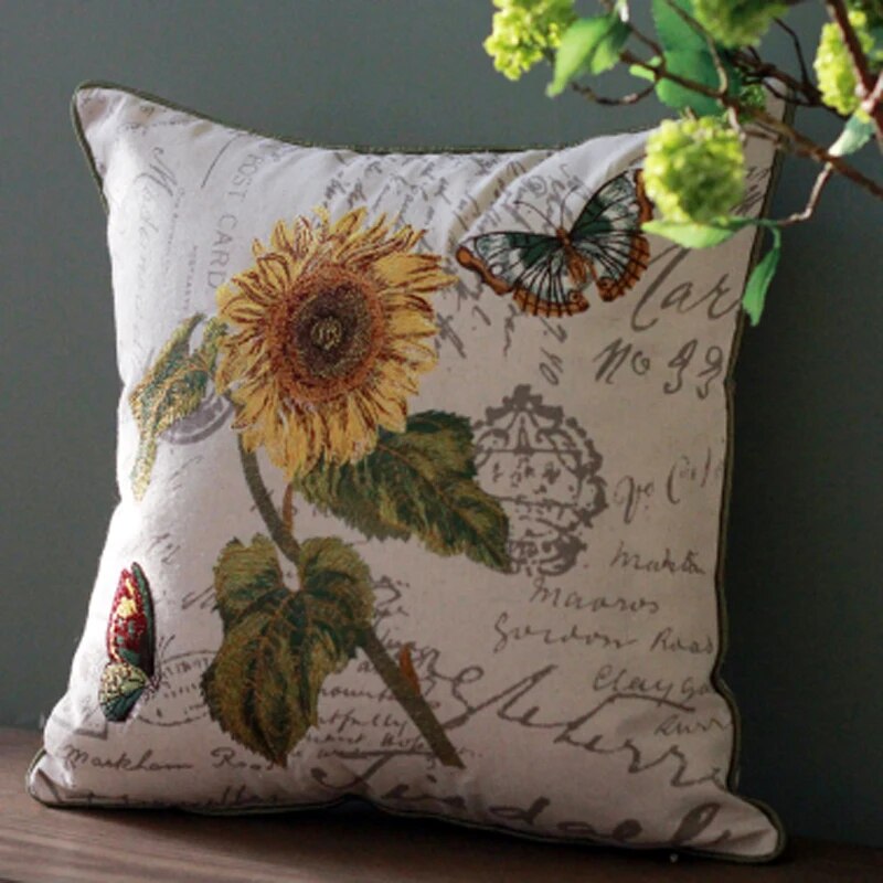 45x45cm Throw Pillows Cotton Linen Flower Embroidery Pillowcase Cover Sofa Car Cushion with Core Home Decor for Living Room