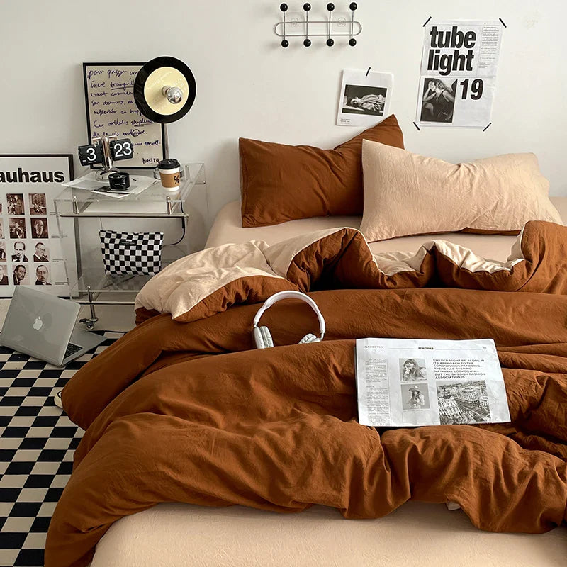 Beige Pink Bedding Set Solid 3/4pcs Home Linens Luxury Duvet Cover Pillowcase Flat Sheet Wash Cotton Twin King BedRoom Decor