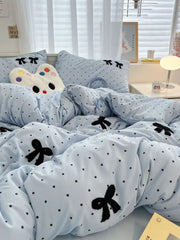 Ins Style Girl Blue 1.5m/1.8m Fitted Sheet Bow Towel Bedding Set Embroidery Washed Cotton Four-piece Set Bed Sheet Three-piece