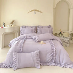 Princess Style Washed Cotton Bedding Set with Pillowcase bed sheet Single Full Bed Linen Purple Duvet Cover Queenking Double Bed