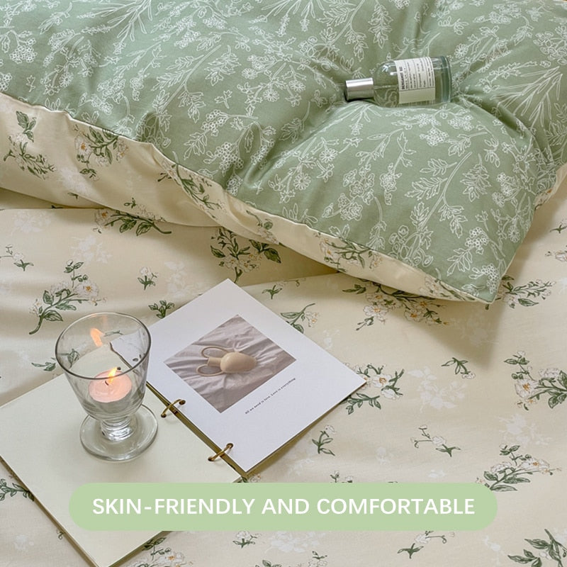 100% Cotton Fresh Floral Green Duvet Cover,Bedding Set With Flowers,Skin Friendly Breathable,1 Duvet Cover,2 Pillowcase