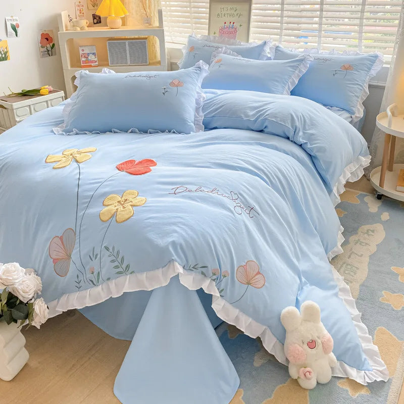 Ins Korean Style Bedding Set with Ruffles Princess Duvet Cover No Filling Flat Sheet Pillowcases Kit Girls Blue Pink Solid Color
