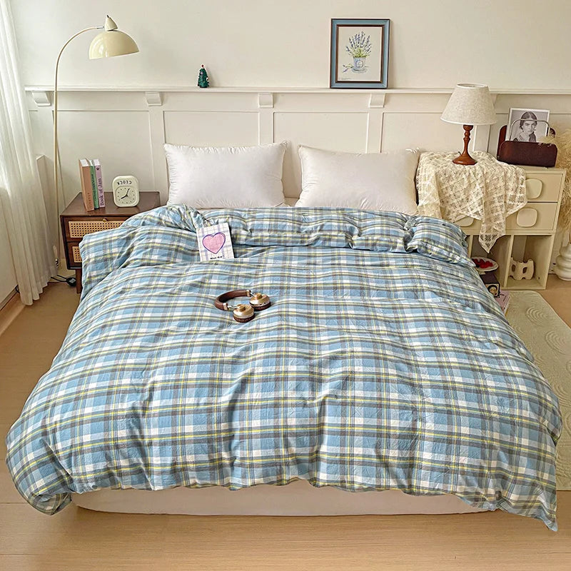 2025 New All-cotton Washed Cotton Single Quilt Set Printed Plaid Duvet Cover 150x200 220x240 Skin Friendly Bedding