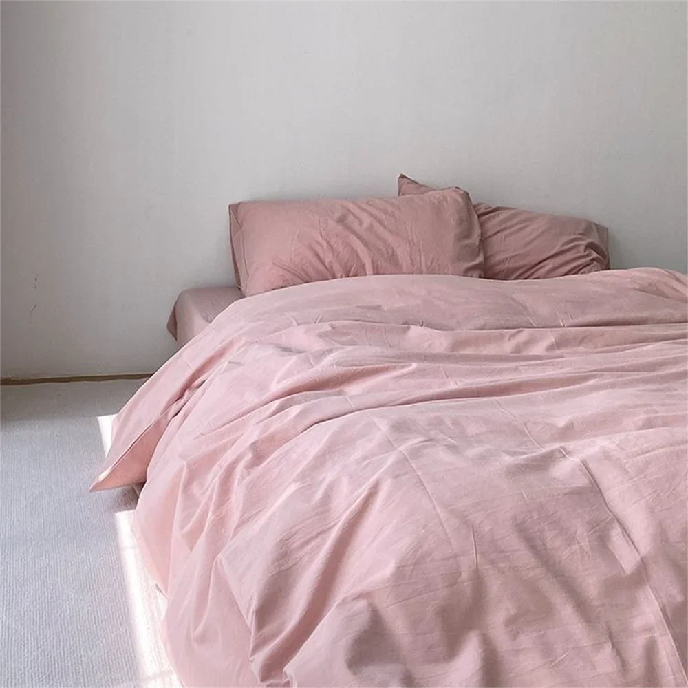 Ins Pure Washed Cotton Four-piece Bedding Set Pure Cotton 100 Solid Color Quilt Cover Set Bedding Three-piece Set