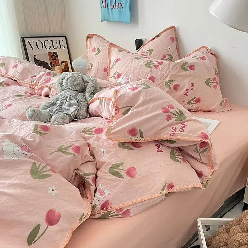 Bedding Set Flora INS Girls 4 New Tulip Rabbit Double-layer  Bed Set Of Four Pieces Washing Cotton Bed Sheets Duvet Cover Set