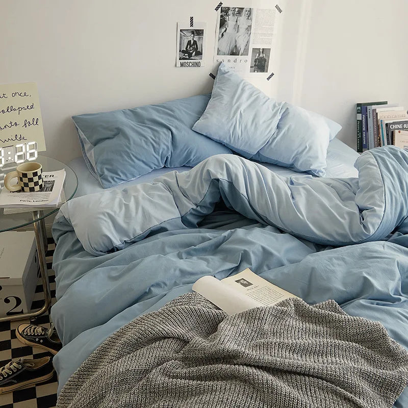 Bed Sheet Set Ins Style Double Color Washed Cotton   Bed Sheet Quilt Cover Sheet 3-piece Set Comforter Set Queen King Size