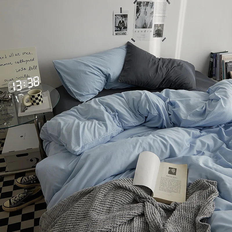 Bed Sheet Set Ins Style Double Color Washed Cotton   Bed Sheet Quilt Cover Sheet 3-piece Set Comforter Set Queen King Size