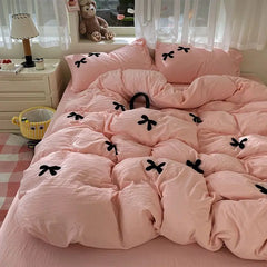 Skin Friendly Washed Cotton Bow Towel Embroidered Duvet Cover Set NO Filler Girls Princess Home Bedding Flat Sheet Pillowcase