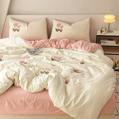 New Printed Duvet Cover with Bed Sheets and Pillowcases, Unfilled Washed Cotton, Full Size Light Luxury Home Bedding Set