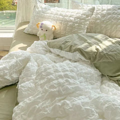 Princess Bedding Set  French Style Wash Cotton Solid Color Seersucker Summer Soft 4New Bed Sheet Set Comforter Set